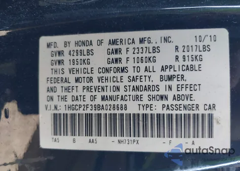 2011 Honda Accord 2.4 Lx z USA, uszkodzony, nr VIN 1HGCP2F39BA028688